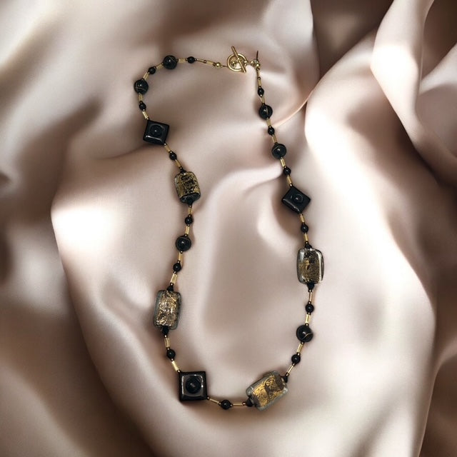 Black Onyx and Gold Blown Glass Bead Necklace
