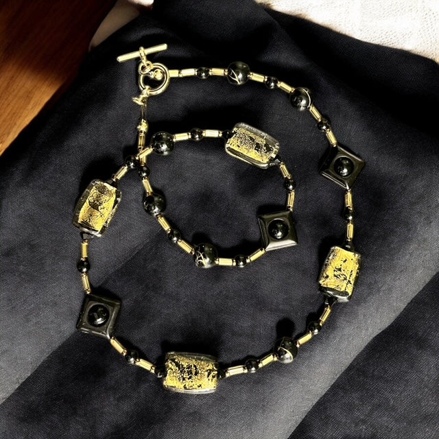 Black Onyx and Gold Blown Glass Bead Necklace