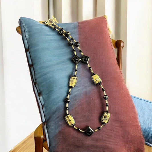 Black Onyx and Gold Blown Glass Bead Necklace
