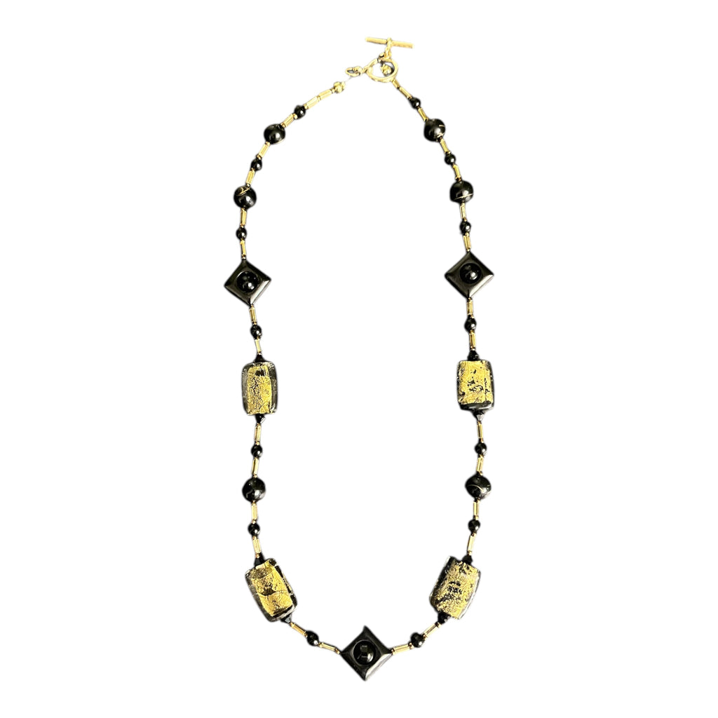 Black Onyx and Gold Blown Glass Bead Necklace