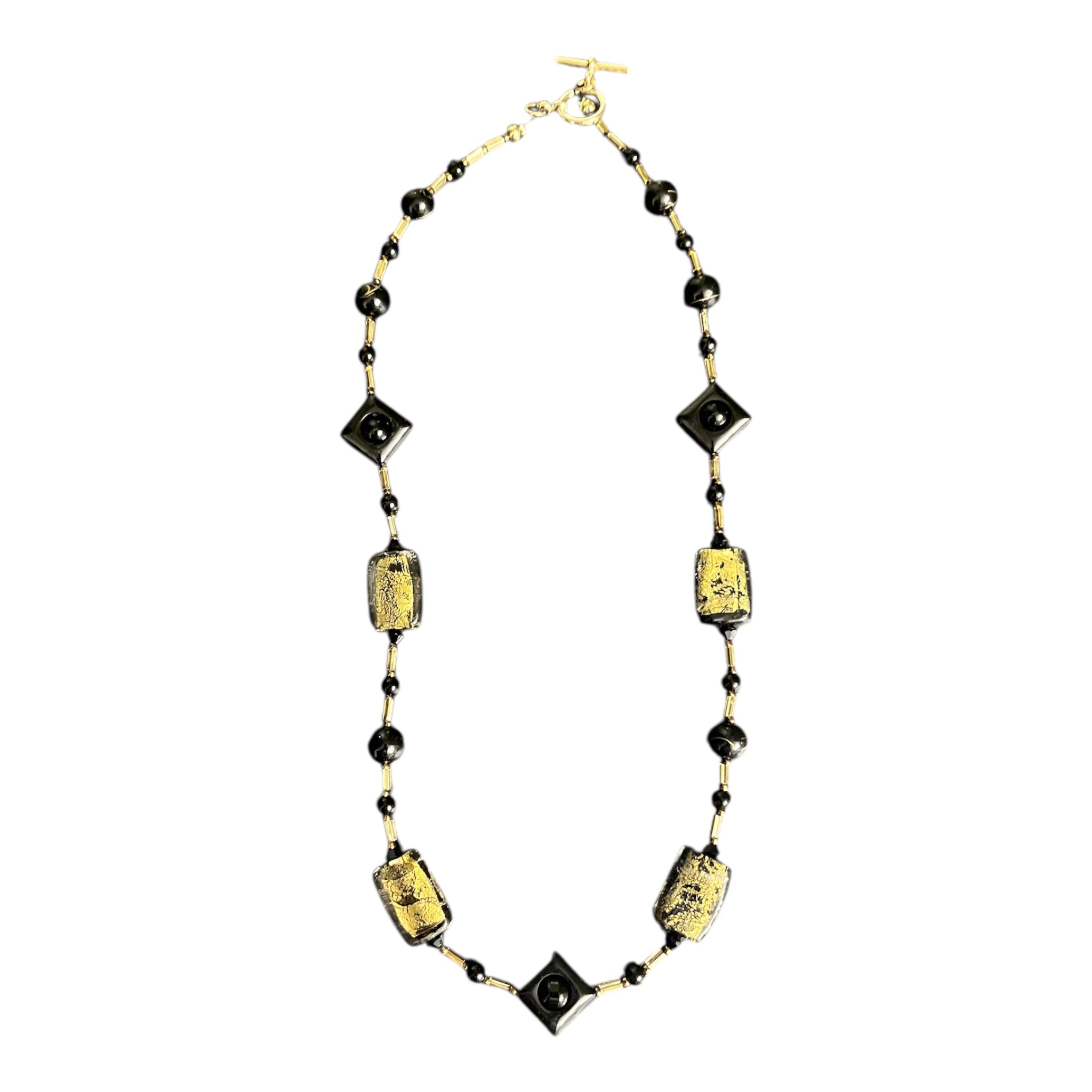 Black Onyx and Gold Blown Glass Bead Necklace