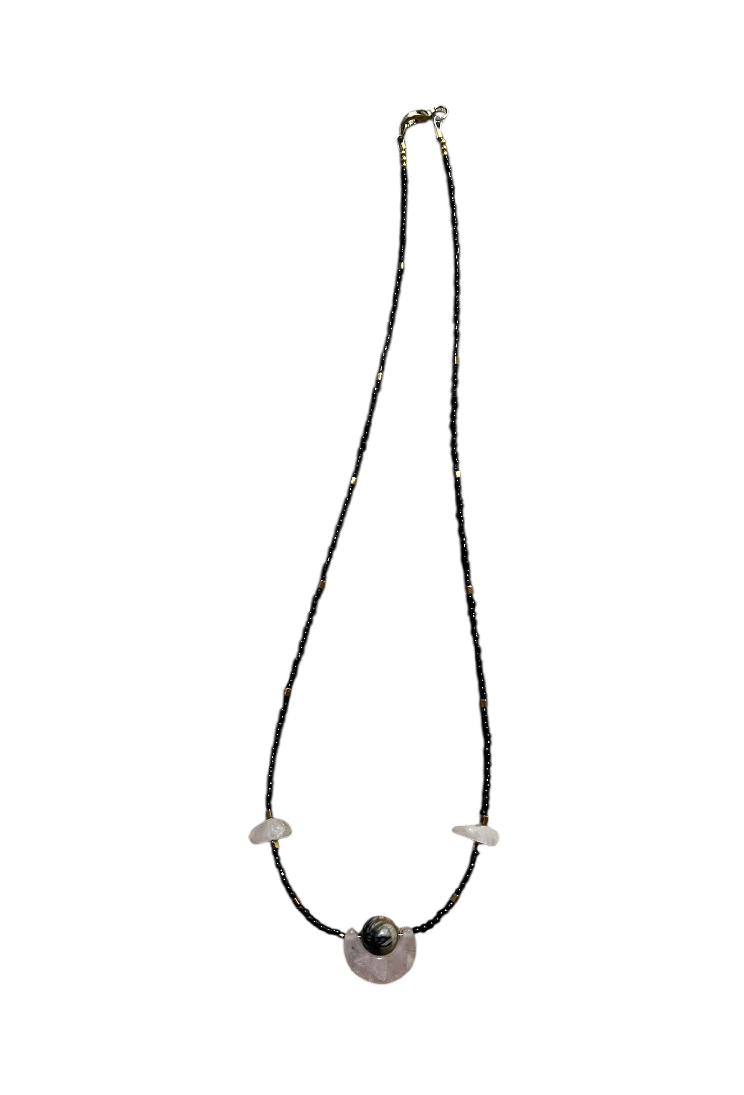 Rose Quartz half moon with Picasso Marbled River Stone Necklace