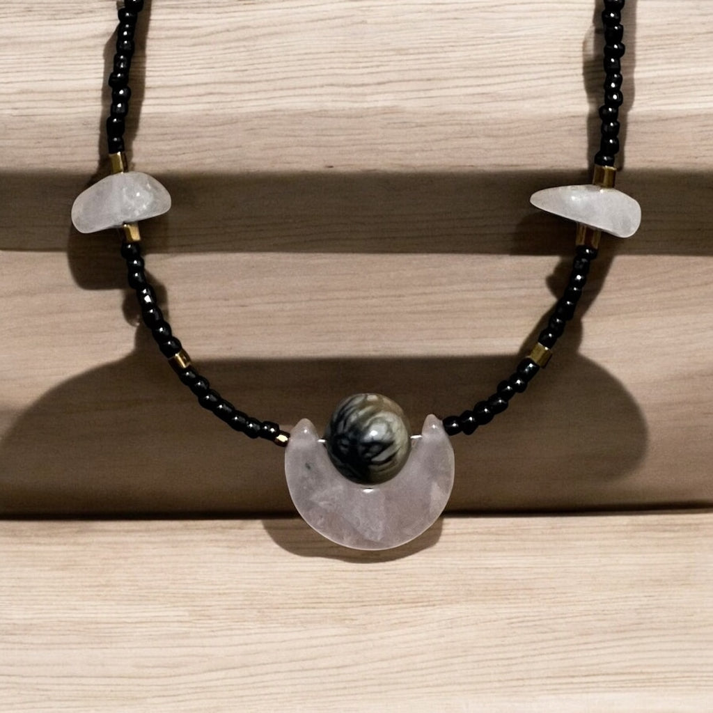 Rose Quartz half moon with Picasso Marbled River Stone Necklace