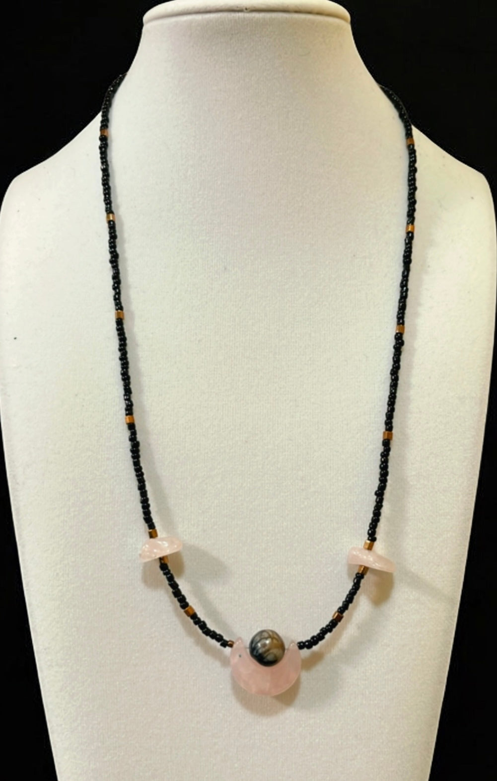 Rose Quartz half moon with Picasso Marbled River Stone Necklace
