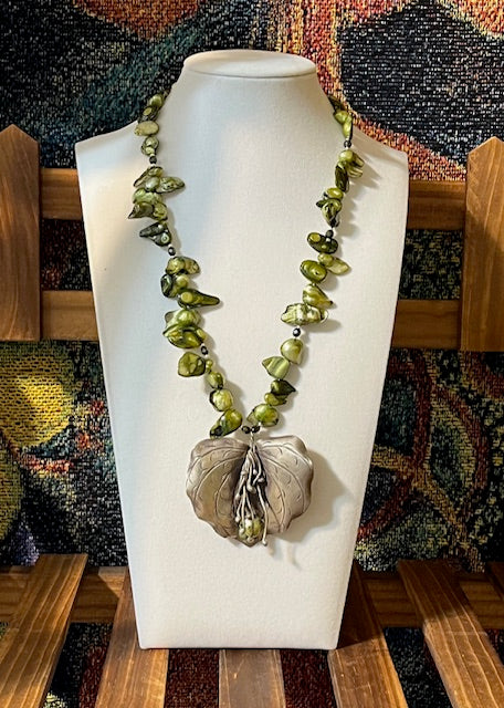 Cultured Freshwater Pearl Necklace – Dyed Honeydew Green with Sterling Silver Flower Centerpiece