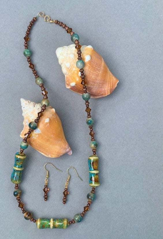 Porcelain Hot Kiln-Fired Bead & Swarovski Crystal Necklace and Earring Set
